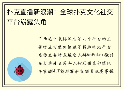 扑克直播新浪潮：全球扑克文化社交平台崭露头角